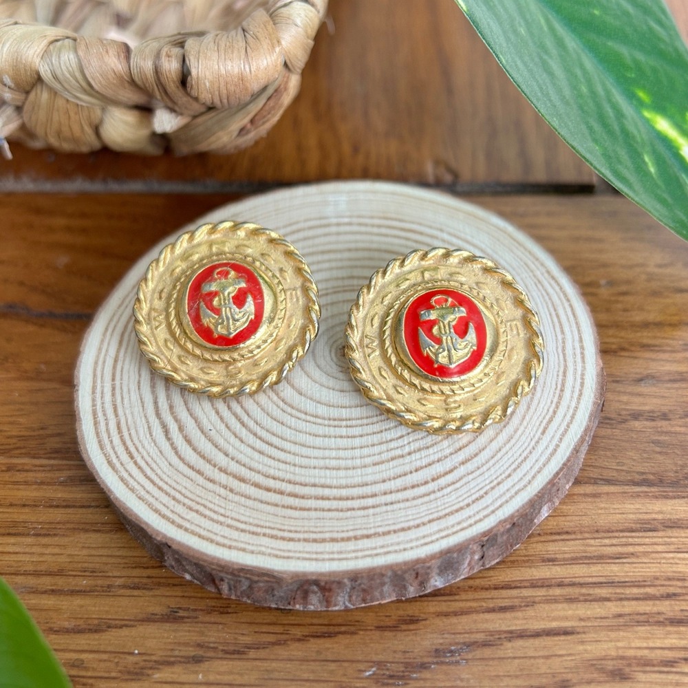 Vintage Signed Robert Rose Gold Tone Roundโ Anchor Red Earrings Nautical Seaside